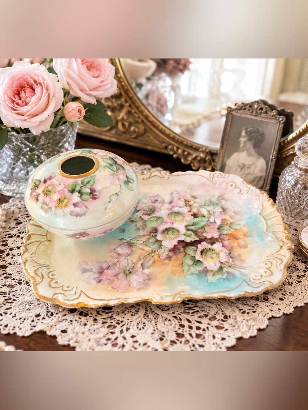 🌸 Antique T&V Limoges France Hand-Painted Porcelain Dresser Set
